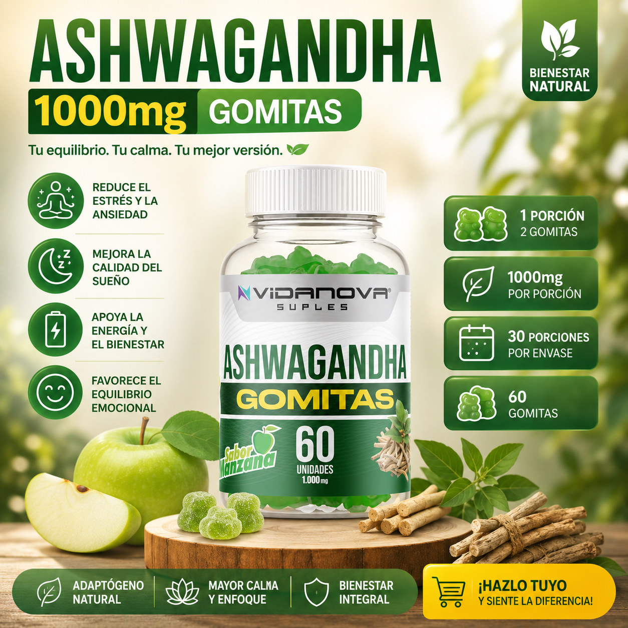 Ashwagandha 1000mg | 60 Gomitas para tu Bienestar y Equilibrio Diario 🌿